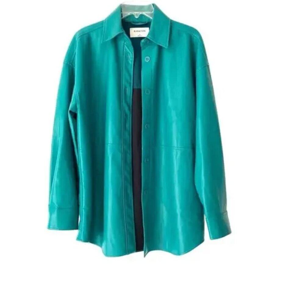 Babaton Teal blue longline faux Leather pelle Jacket shirt